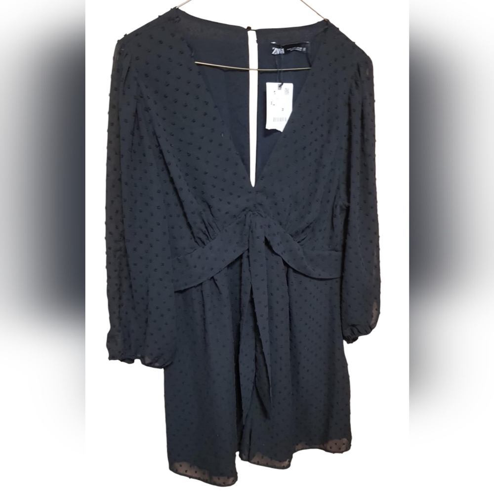 NEW Zara Black Swiss Dot Romper Sheer Sleeves V Neck Bow Accent Dotted